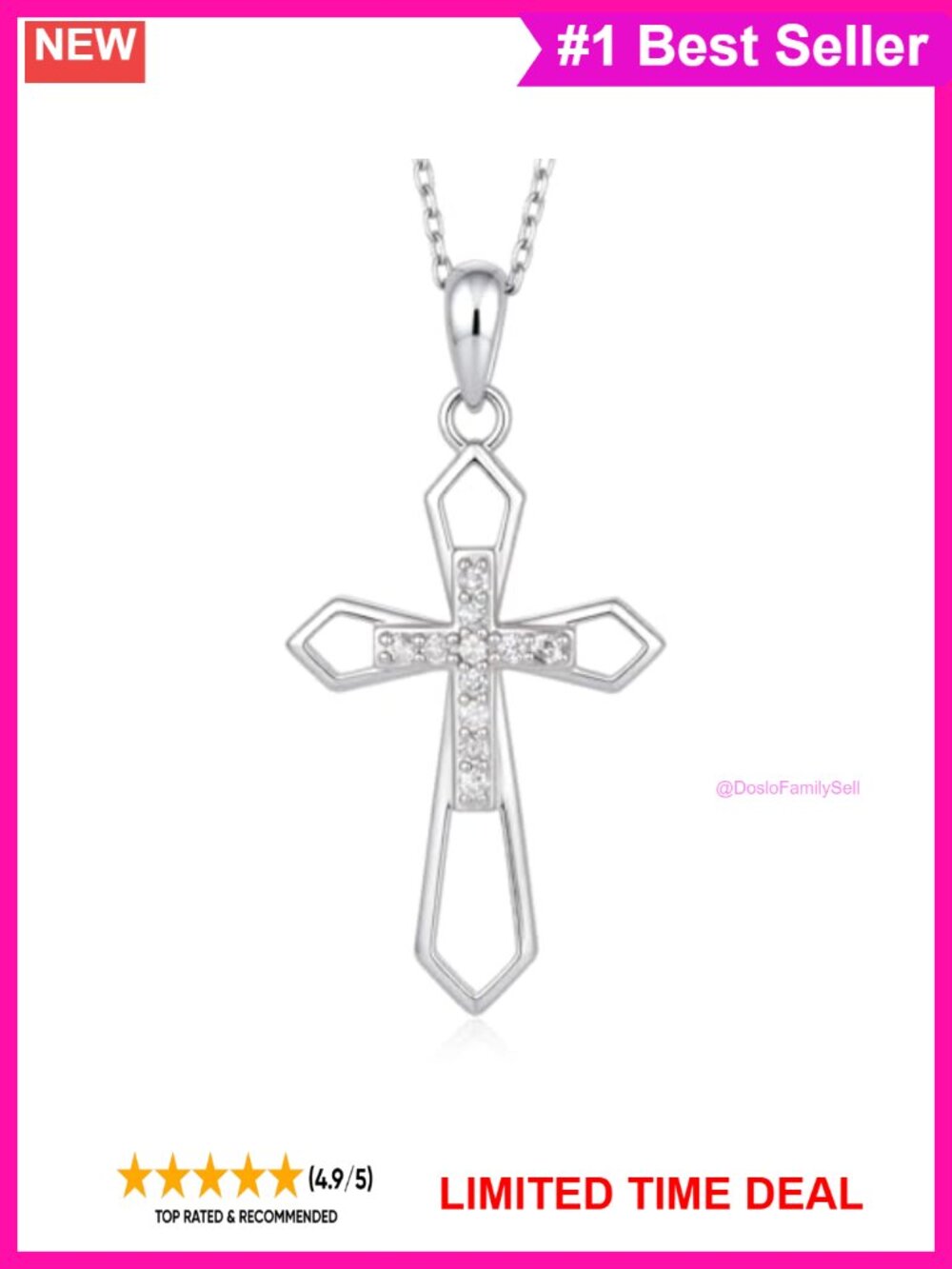925 Sterling Silver Lab Grown Diamond Cross Necklace Double Layered Openwork